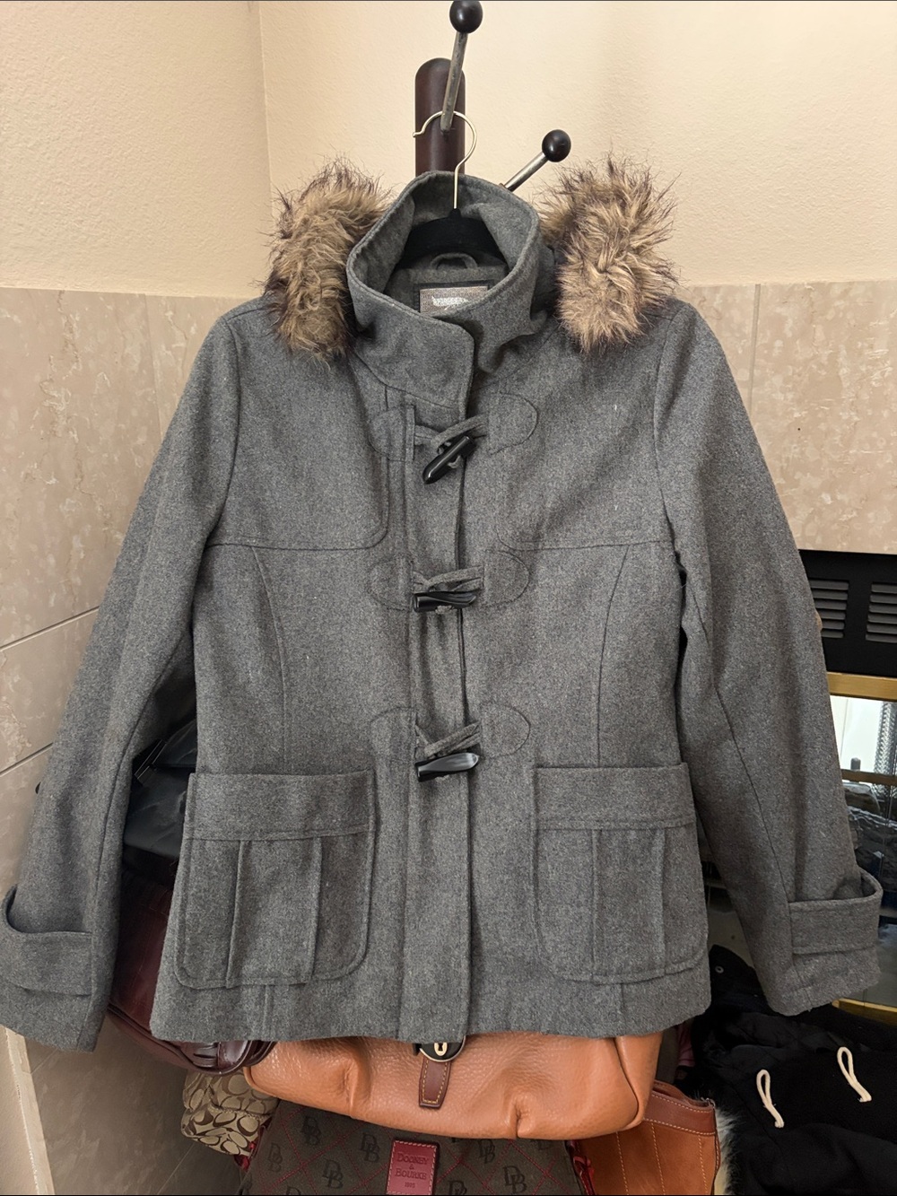 Dollhouse Gray Wool-Blend Toggle Pea Coat with Faux Fur Hood Trim
